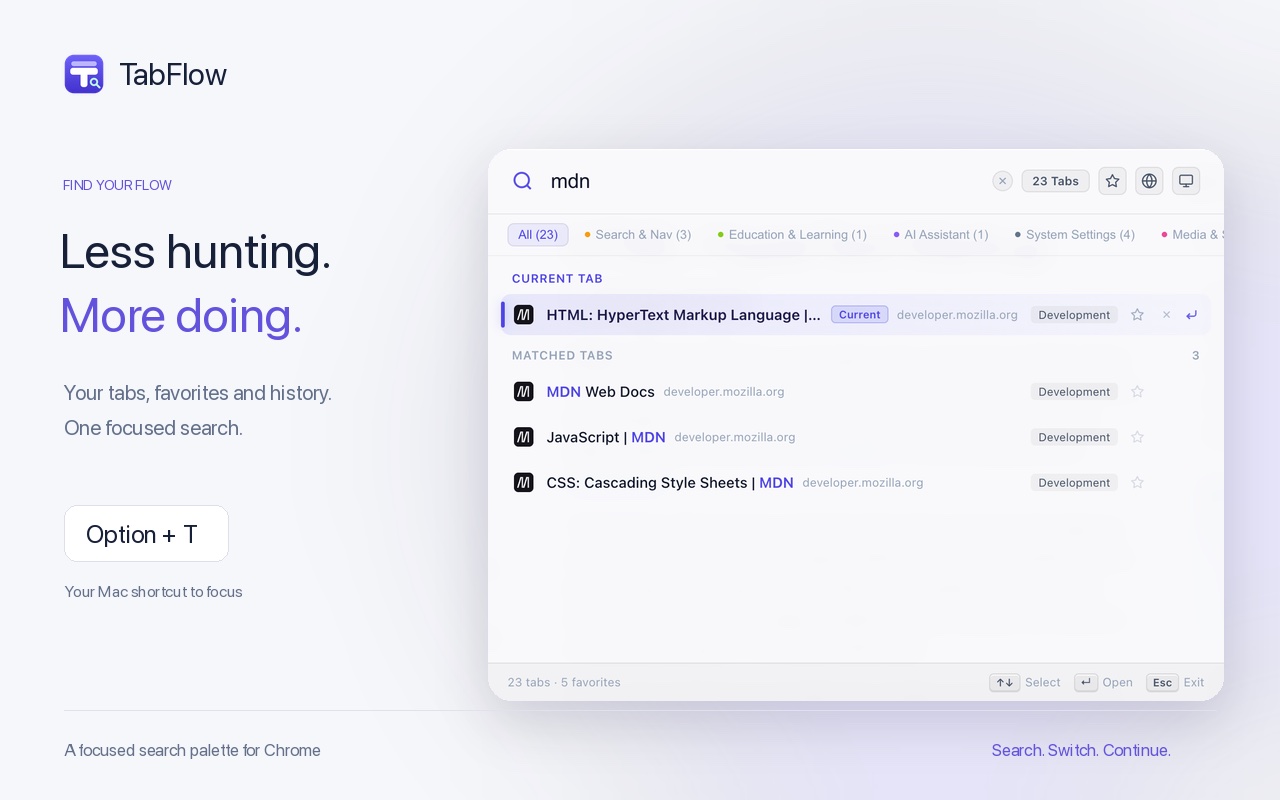 TabFlow search palette preview for Chrome and Edge